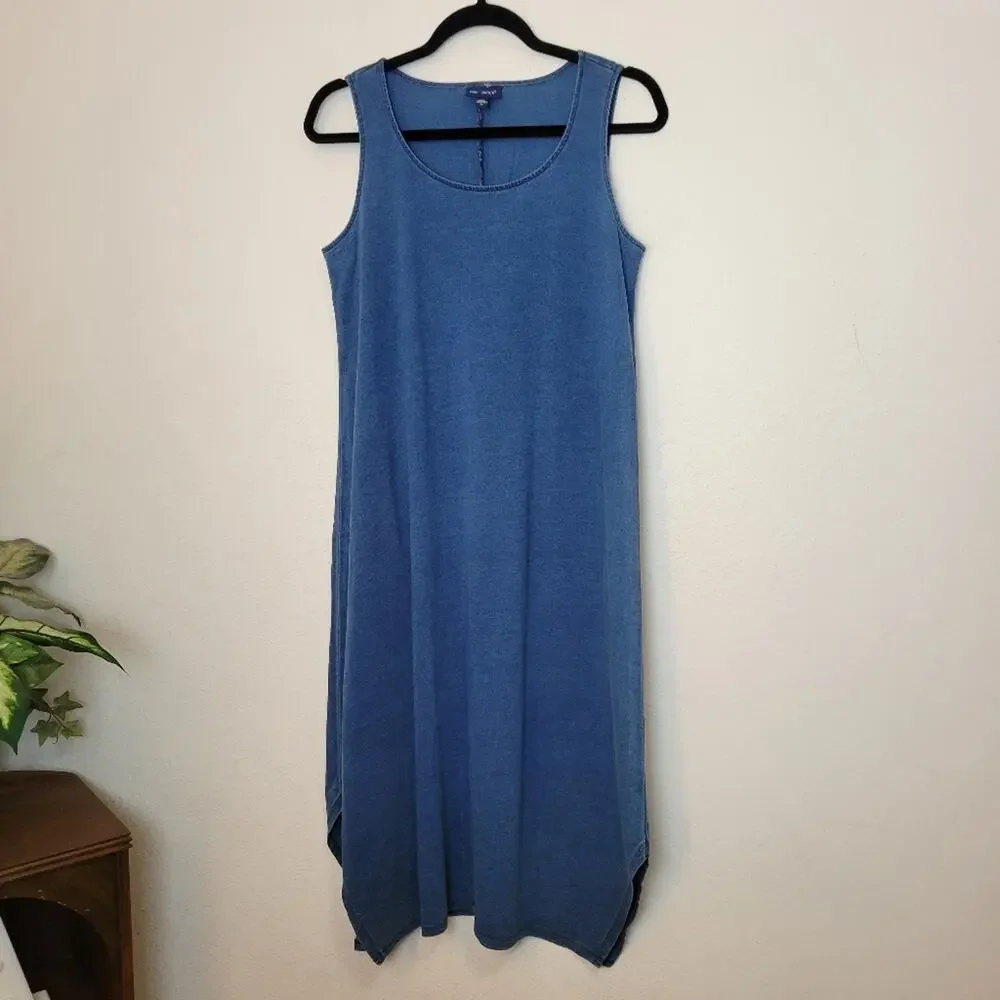 J.JILL Pure Jill Indigo Denim Chambray Blue Cotton Swing Midi Dress Spring Sz XS - Picture 2 of 11